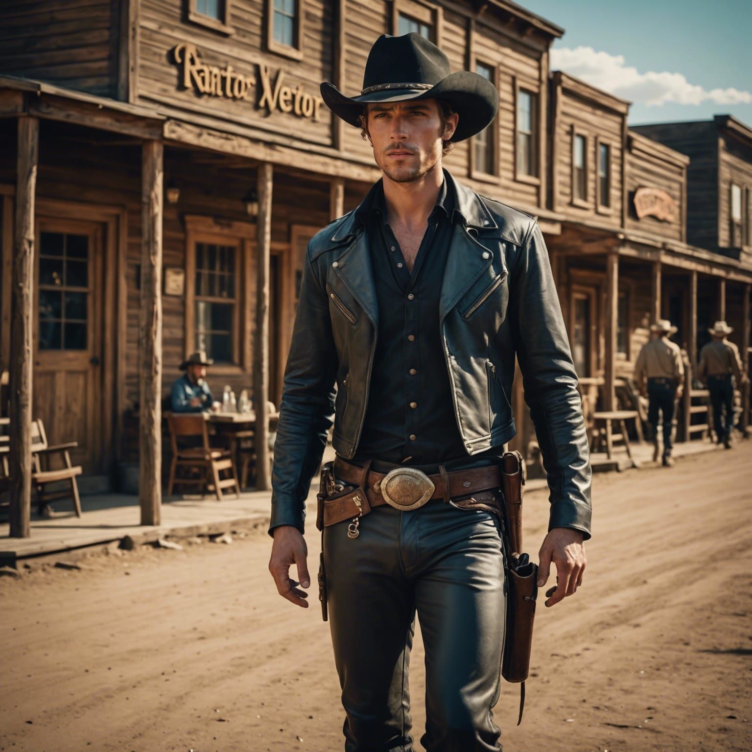Handsome Cowboy in Wild West Town: Cinematic Film Still