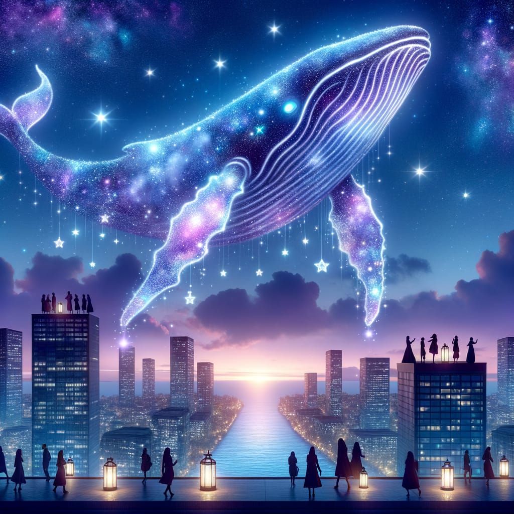 Galactic Whale Floats Over Twilight Cityscape