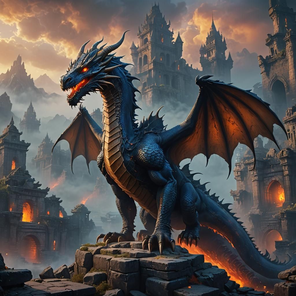 Epic Dragon in Misty Ruins: Fantasy Concept Art