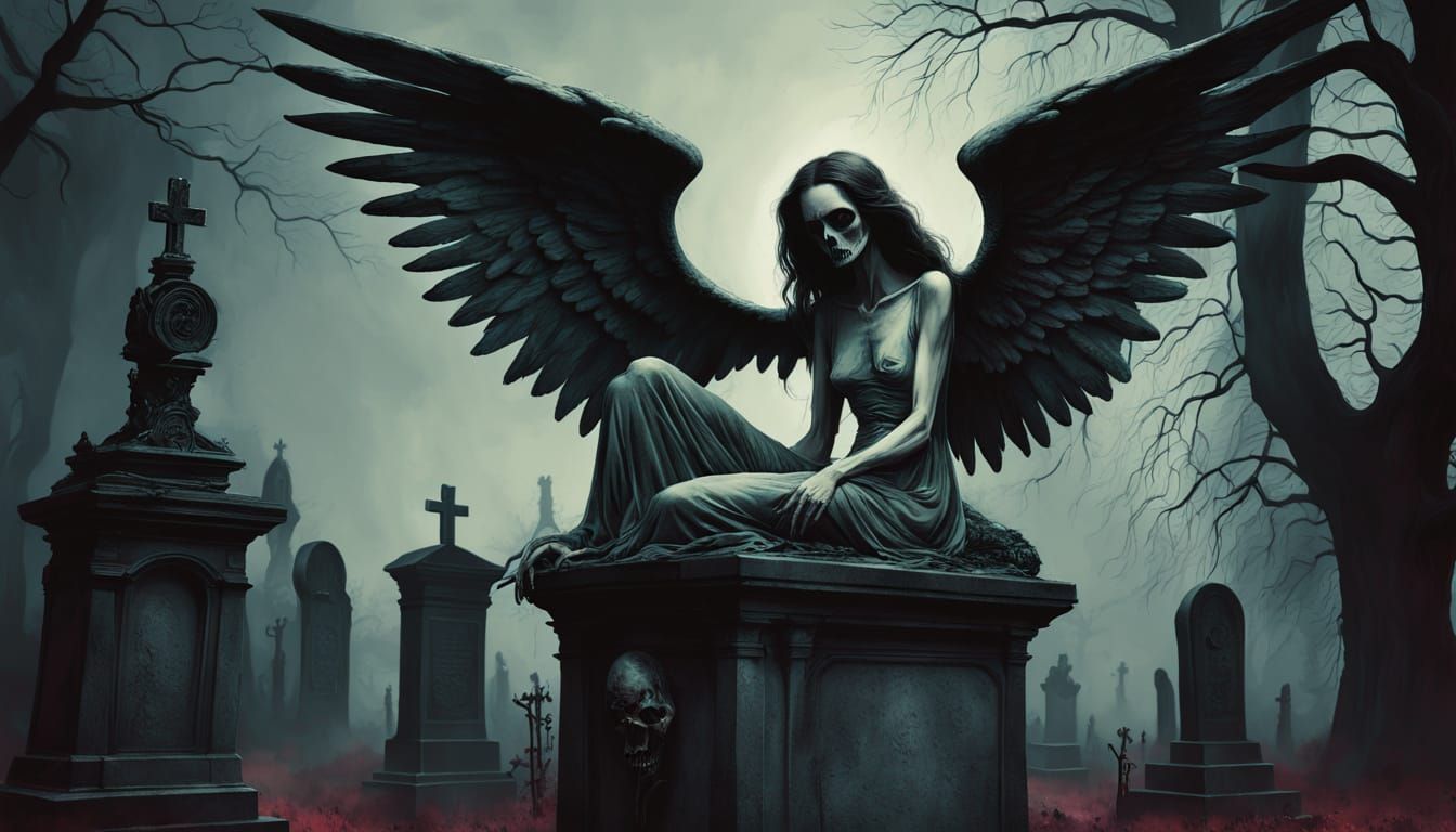 Angel of Death in Victorian Cemetery Oil Painting
