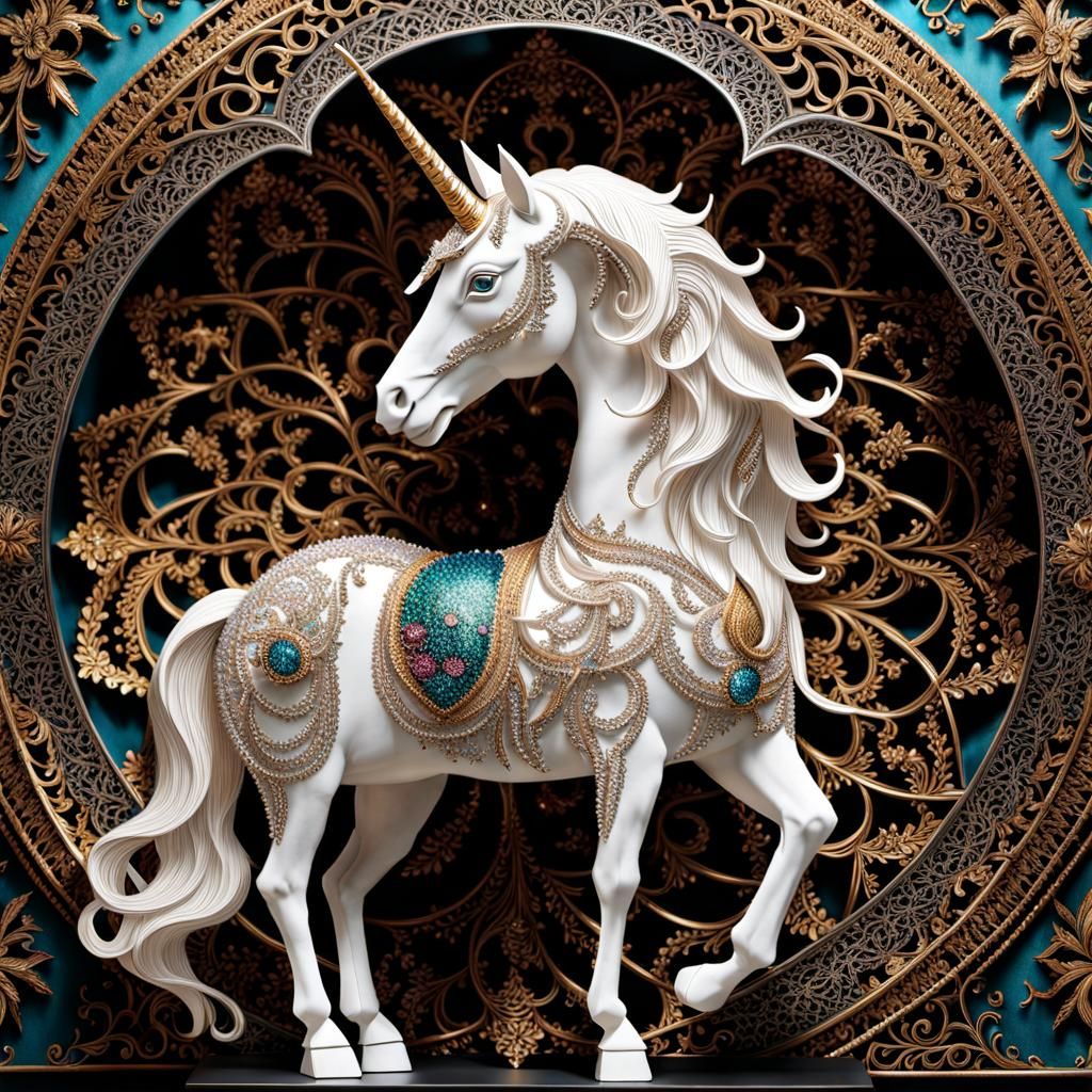 Metal and Crystal Unicorn Sculpture in Pointillism Style