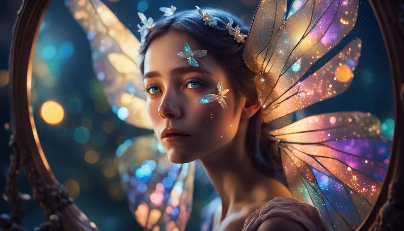 Night Fairy Gazing in Mystical Mirror: Hyperrealistic Art