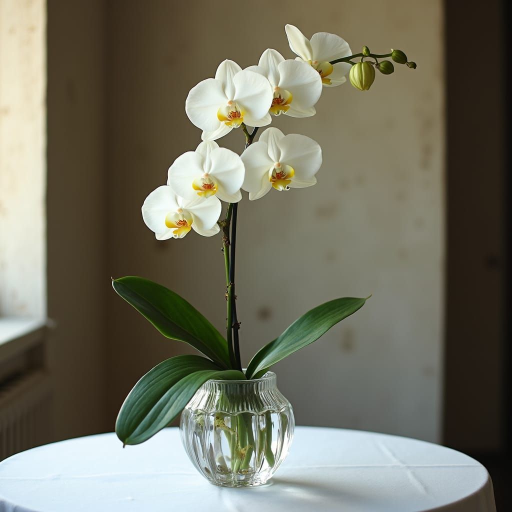 Orchid in Crystal Vase with Soft Lighting