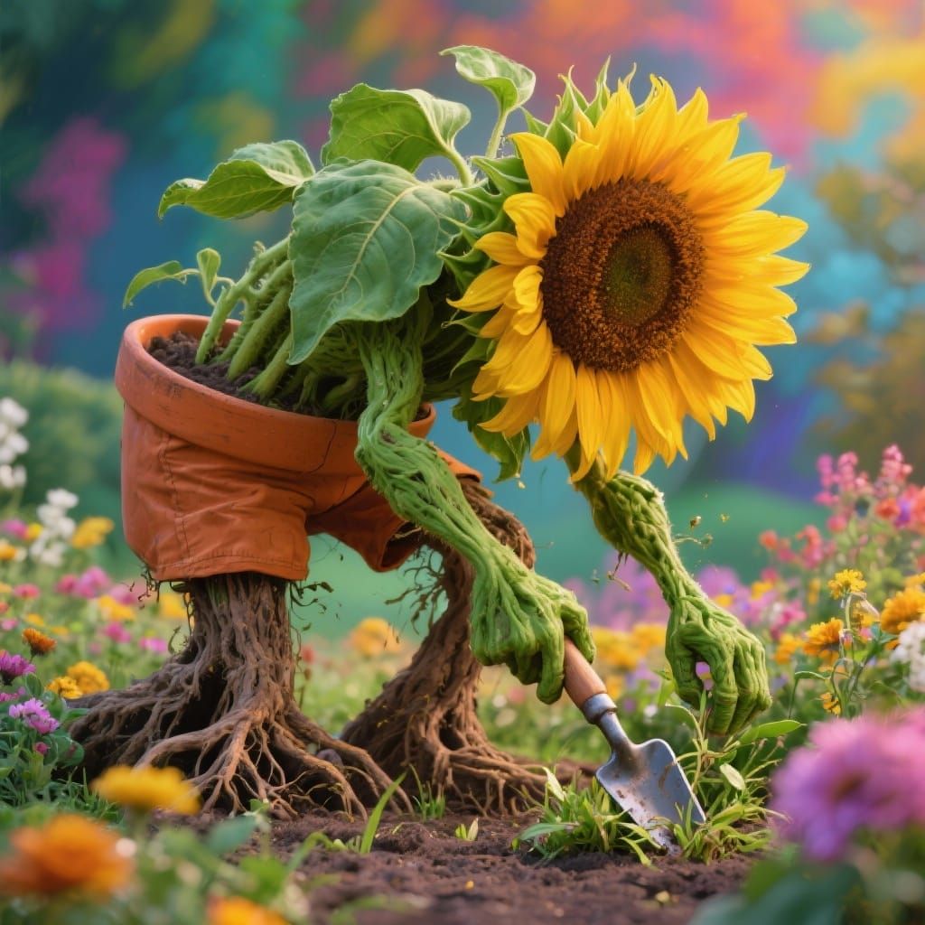 Giant Sunflower Gardener Kneeling in Flower Bed