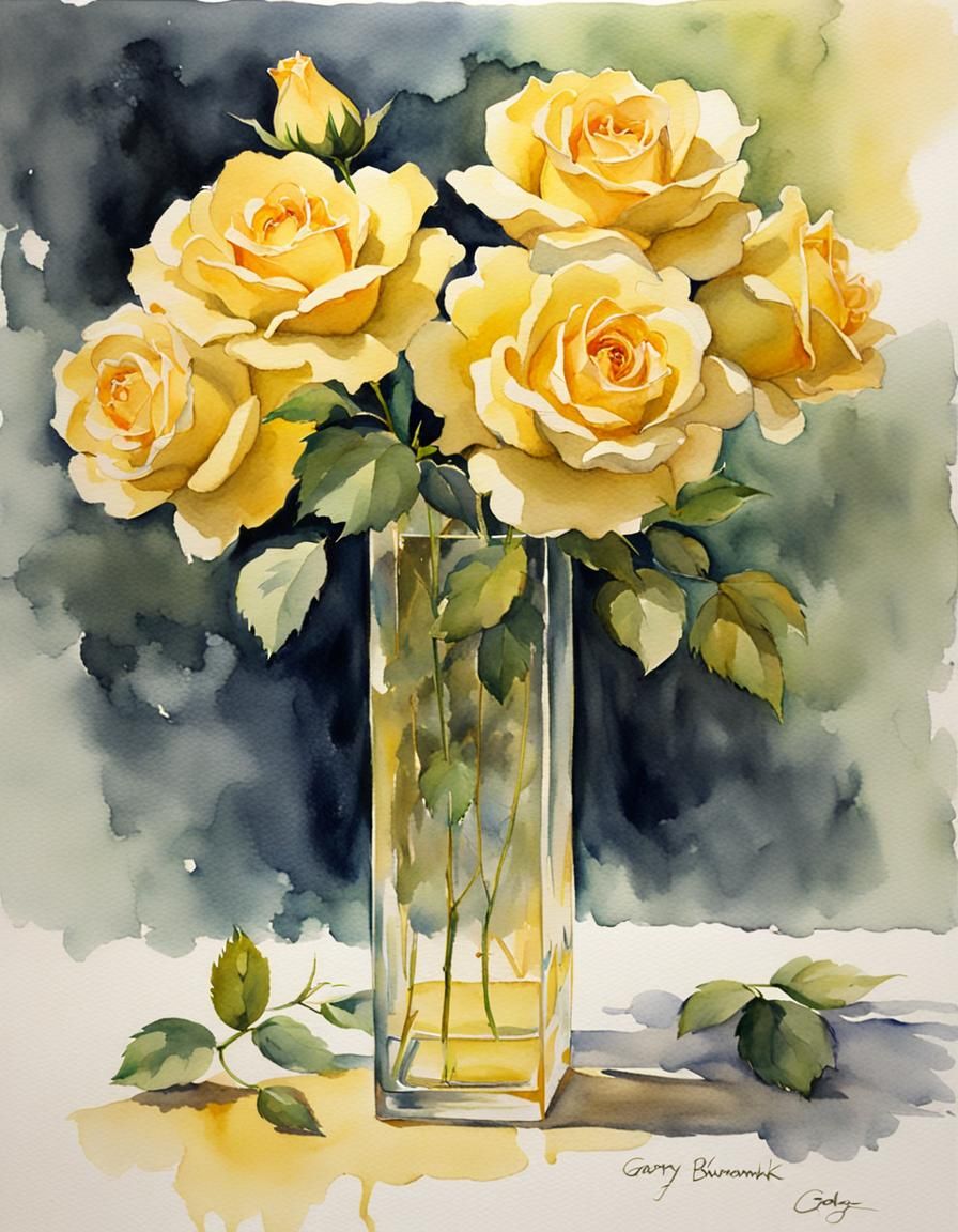 Yellow Roses Watercolor in Bukovnik Style