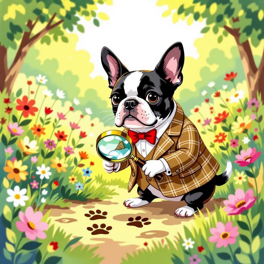 Boston Terrier Detective in English Garden, Watercolor Style