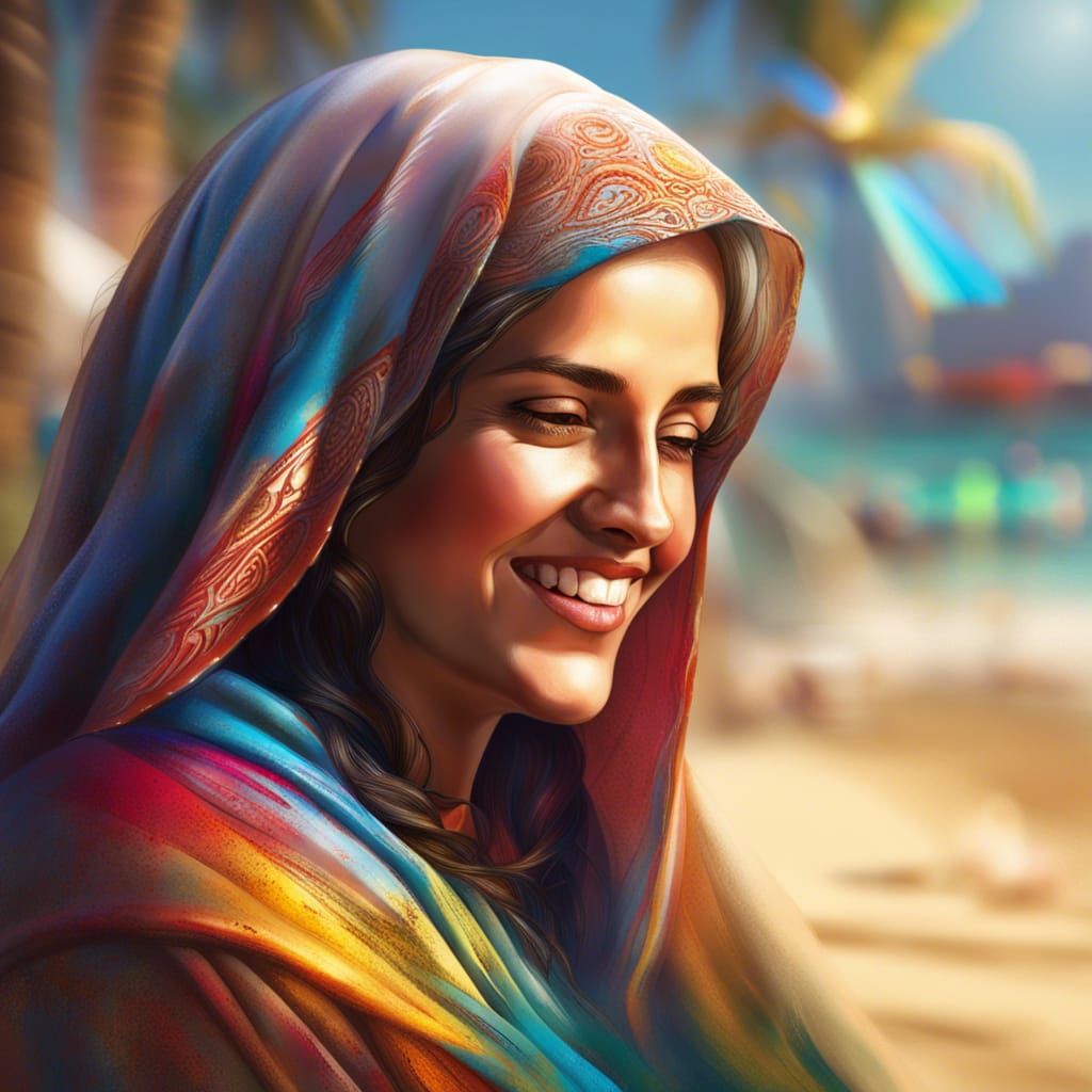 Arab Mother Mary Smiling on Beach: Hyperrealistic Art