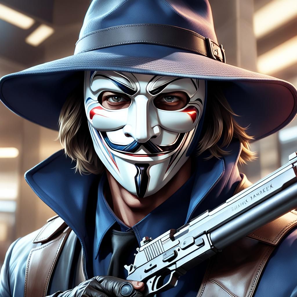 Thief with Guy Fawkes Mask in Bank: Hyper-Realism