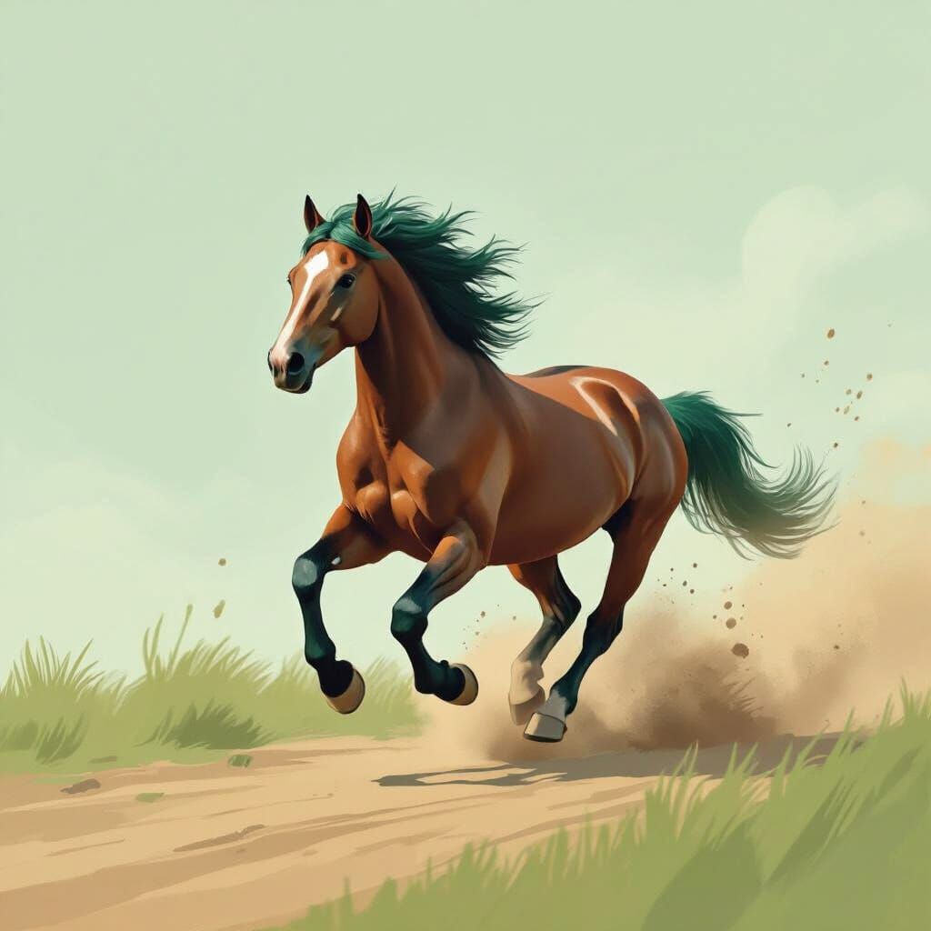Ethereal Green Horse Galloping Through Dust