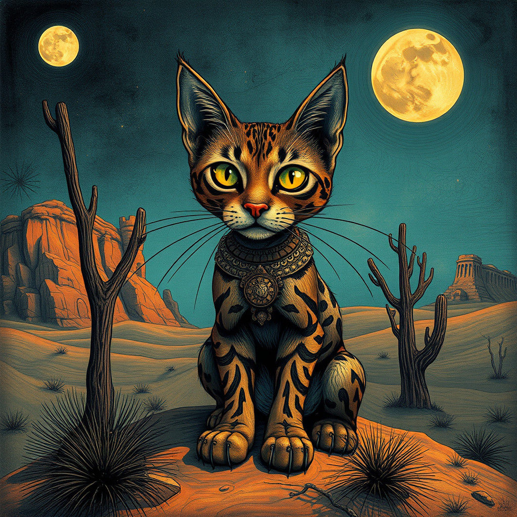 Surreal Desert Cat in Heavy Metal Style