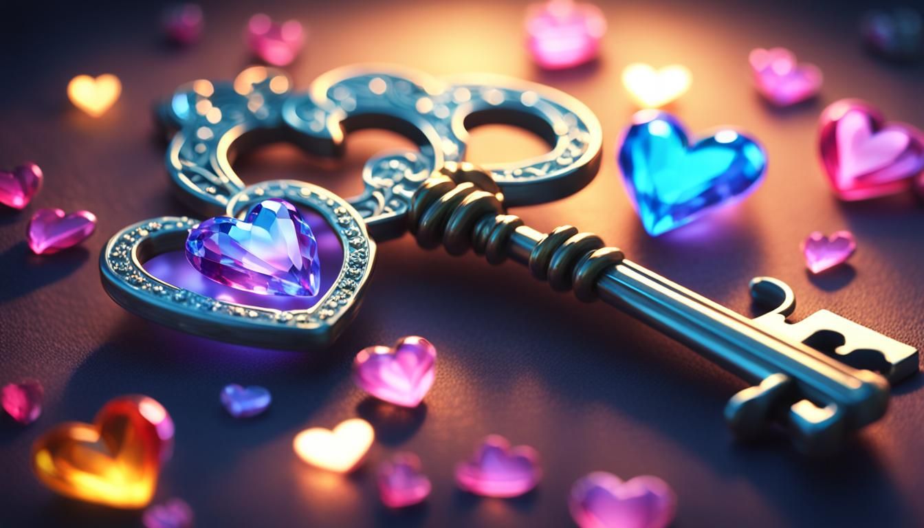 Heart-Shaped Crystal Key in Miniature Style