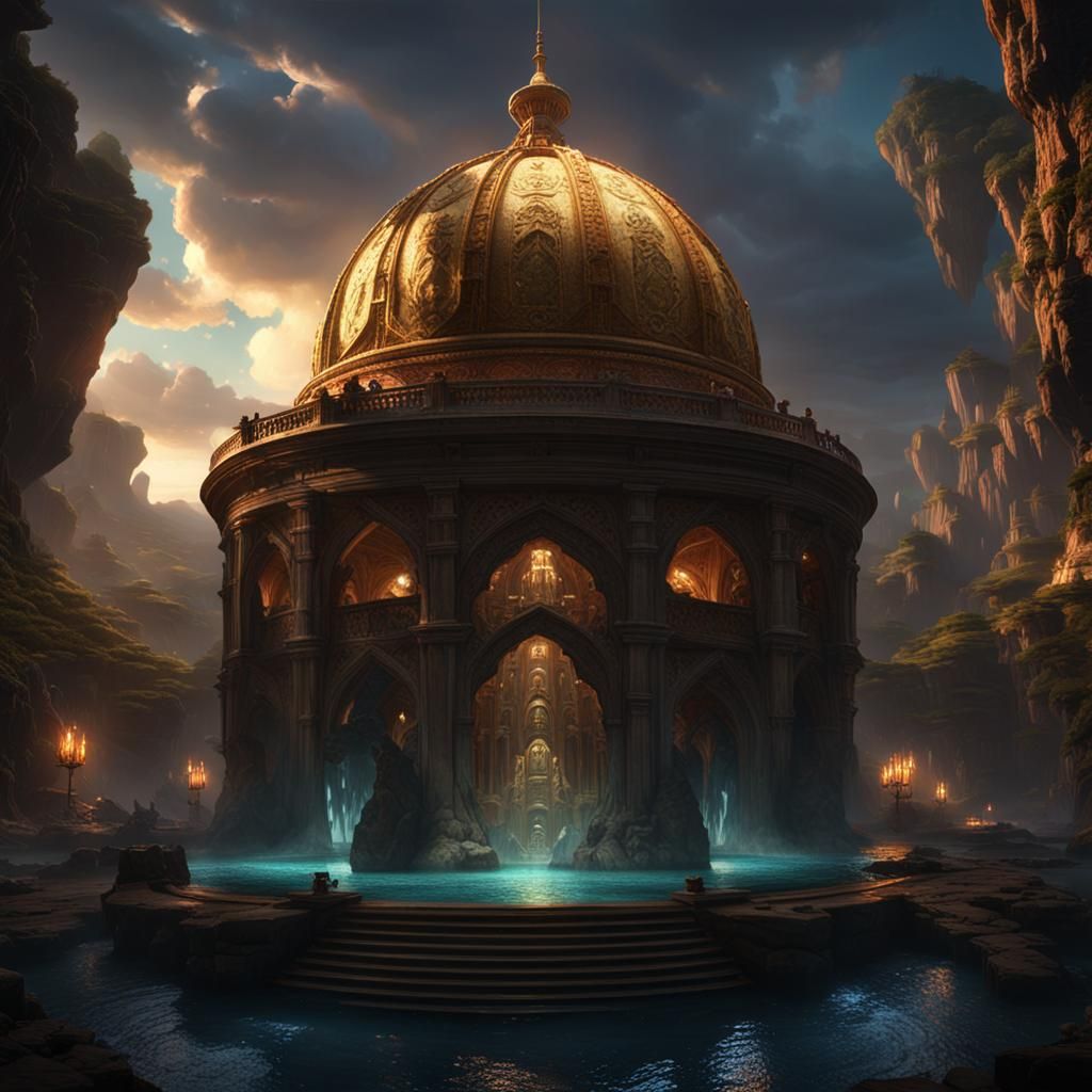 Surreal Floating Dome in Dark Fantasy Landscape