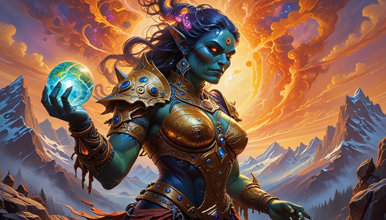 Ethereal Orc Goddess in Vibrant Cosmic Realism