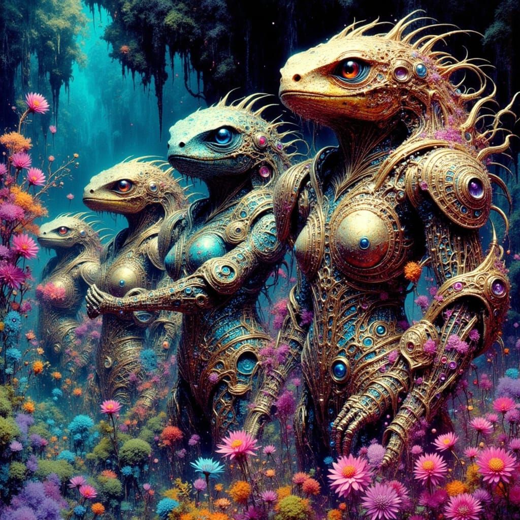 Lizard People in Cybernetic Armor, Rococo Cyberpunk Style