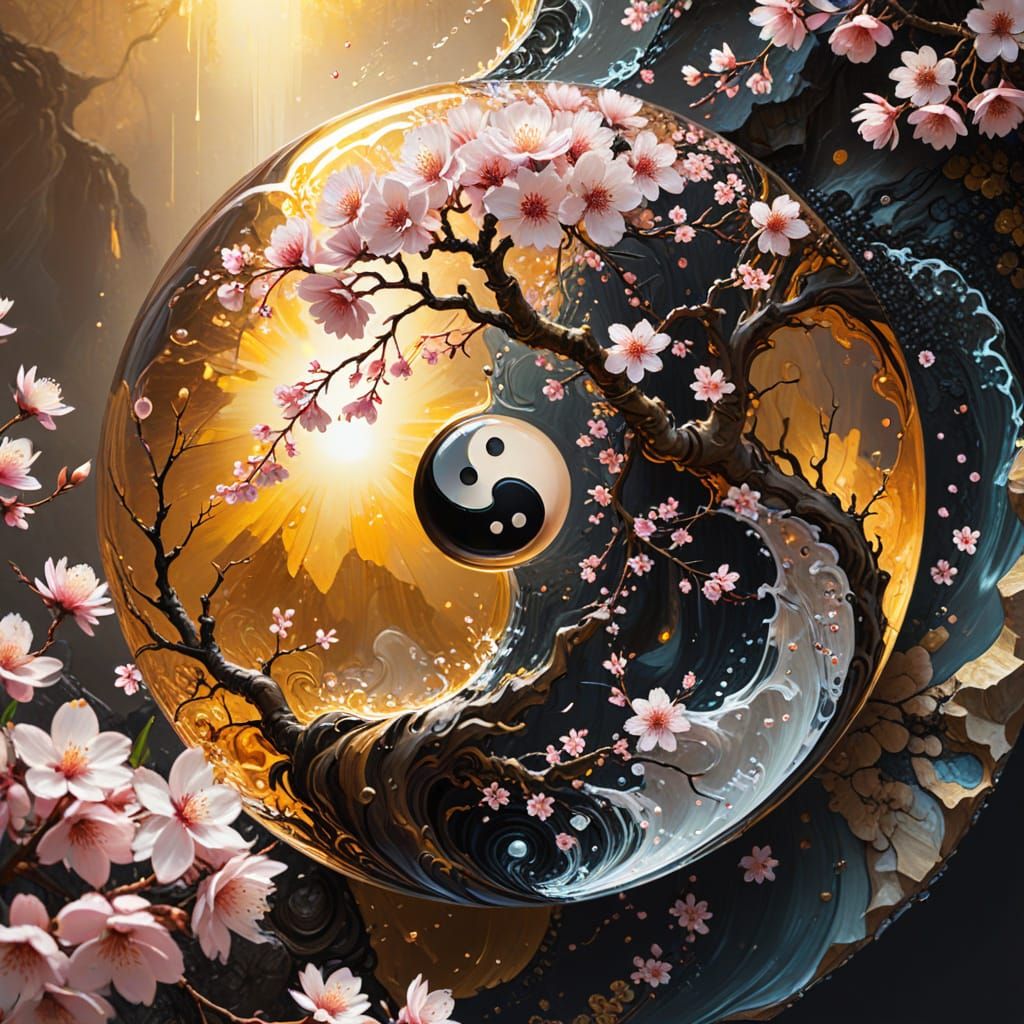 Cherry Blossom Yin Yang Oil Painting with Waterfalls