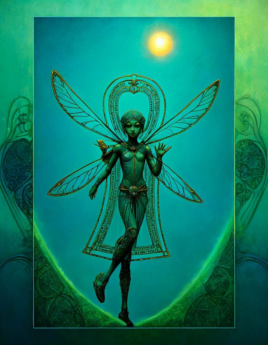 Hyperrealistic Fairy Flies in Front of Golden Shield