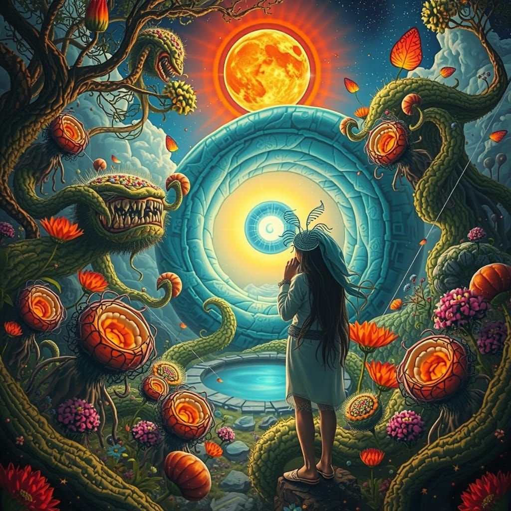 Psychedelic Inner Garden with Red Sun and Gateway