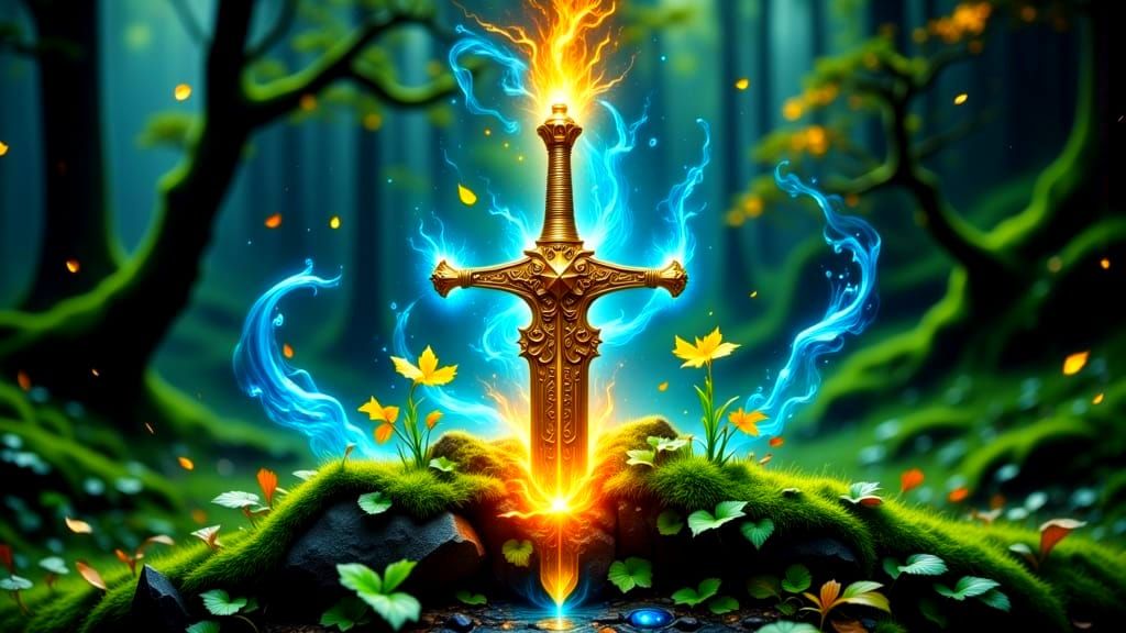Sword of Legends Glows with Elemental Forces in Ancient Fore...