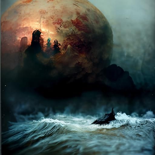 Night Seascape with Waves in Watercolor Style