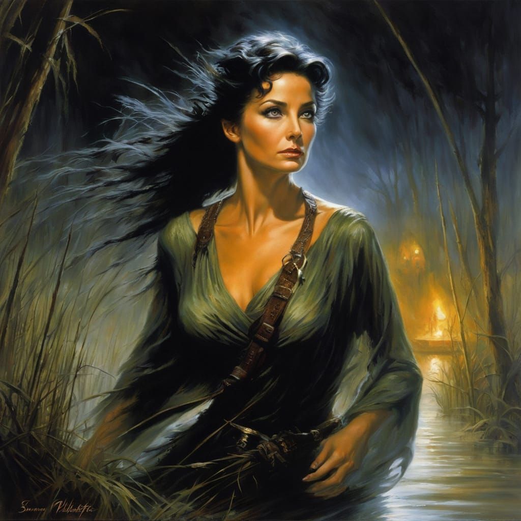 Cajun Woman Fleeing Through Spooky Swamp, Oil Painting