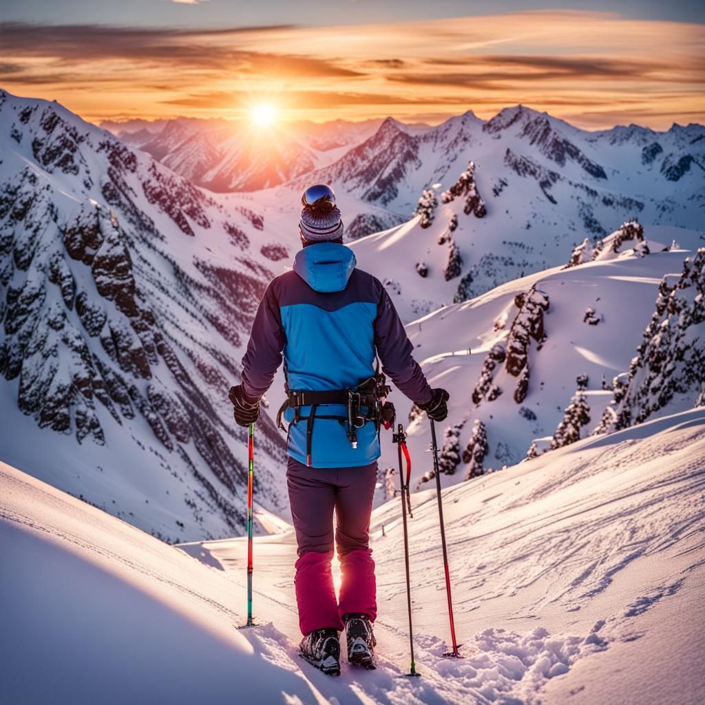 Winter Sports Camaraderie at Mountain Sunset