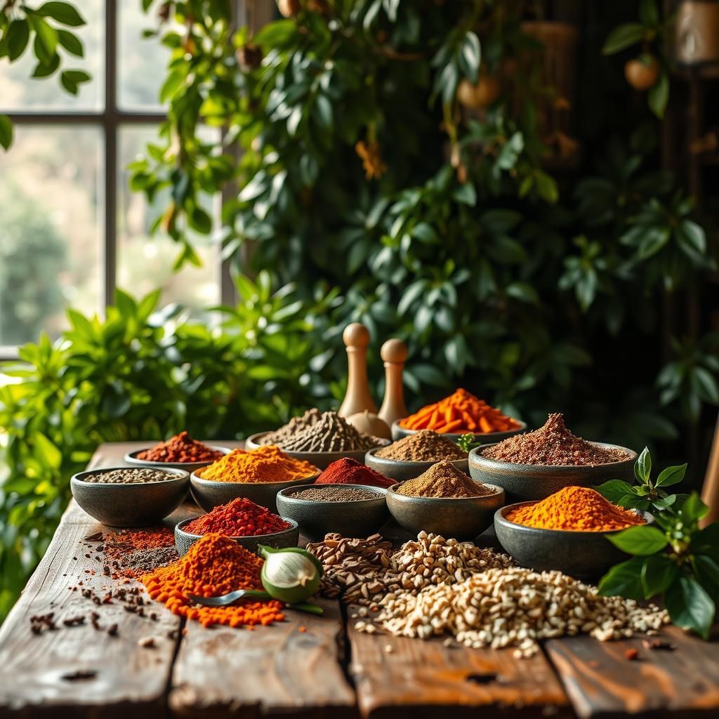 Vibrant Spices on Rustic Table, Warm Aesthetic