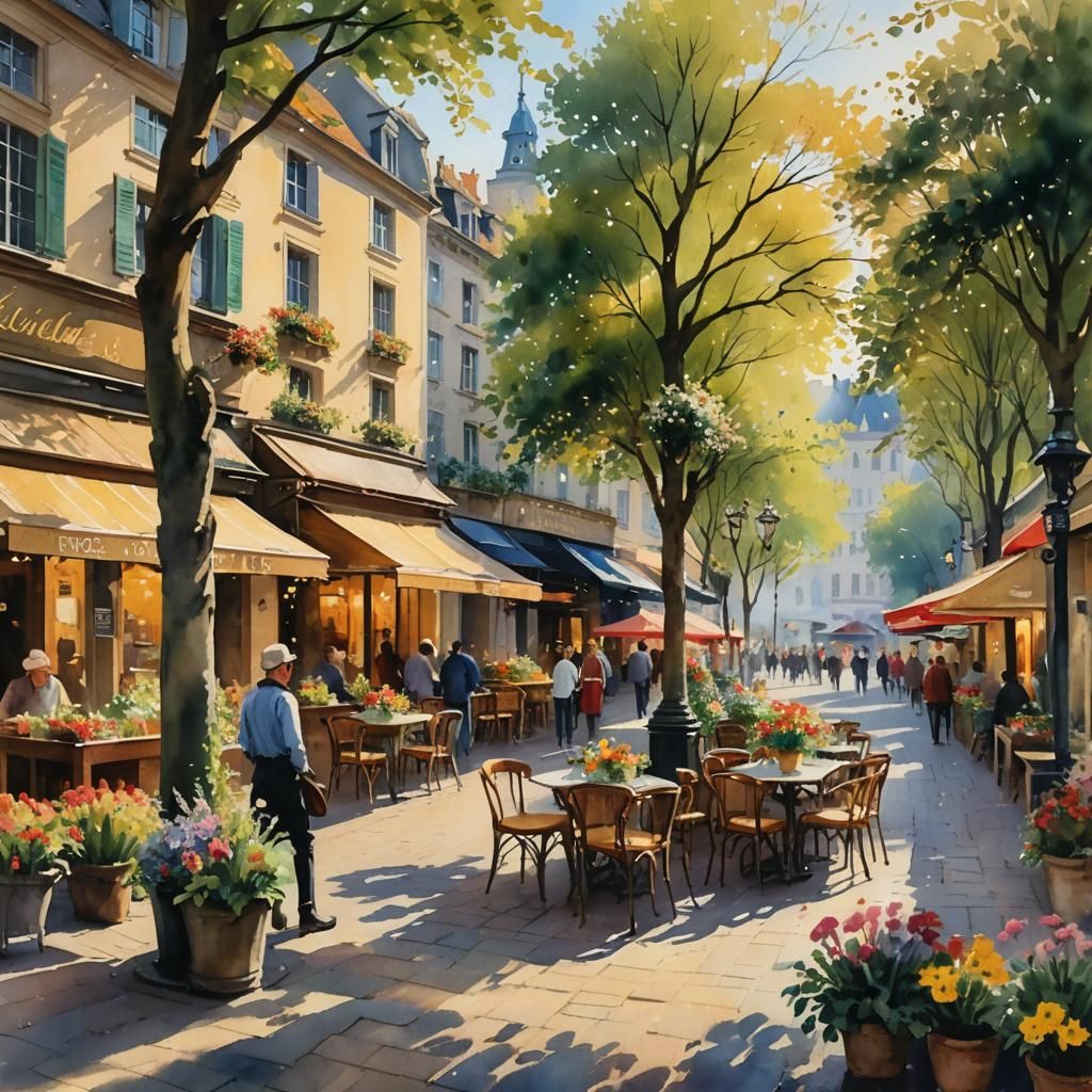 European Square in Watercolor Impressionist Style