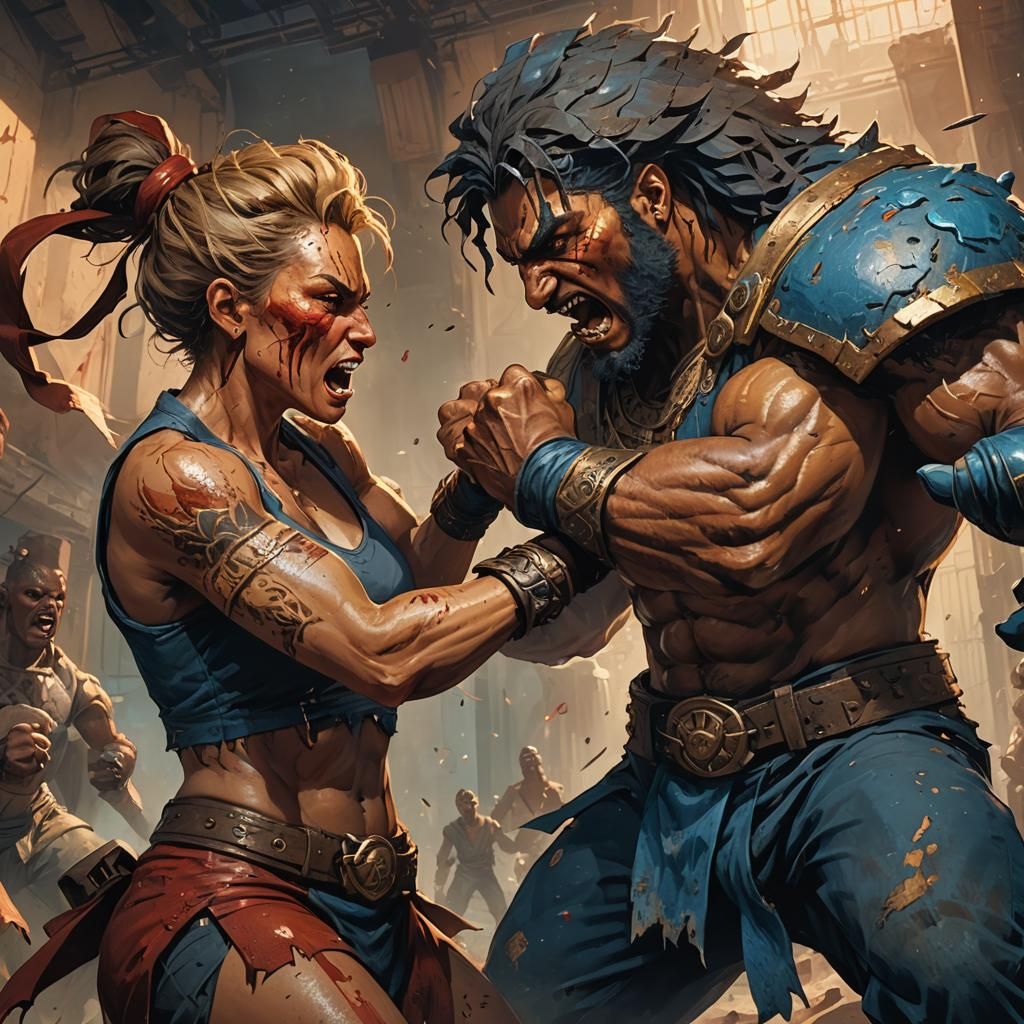 Fierce Woman Dominates Man in Fantasy Fight