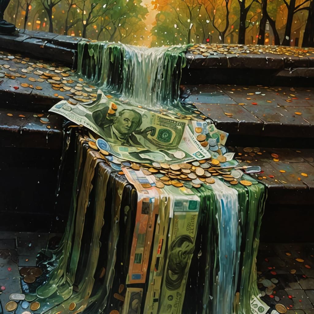Money Rain in City Square: Surrealist Oil Painting