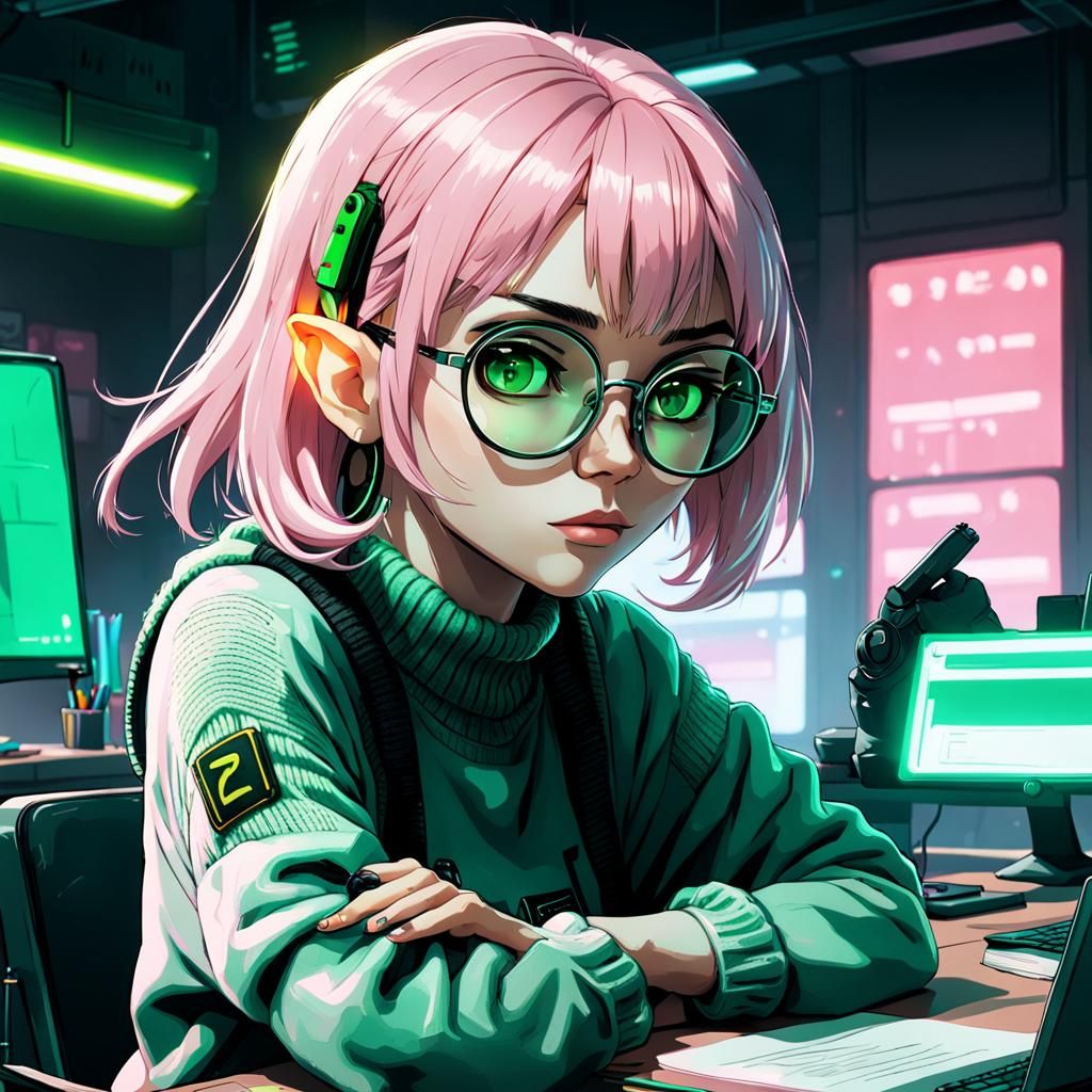 Anime Elf Girl Studying in Cyberpunk Style