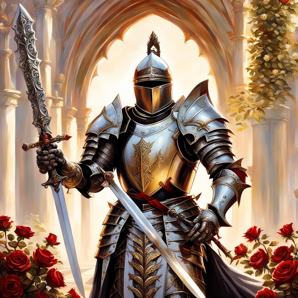 Ornate Knight with Enchanted Sword in Sunlight