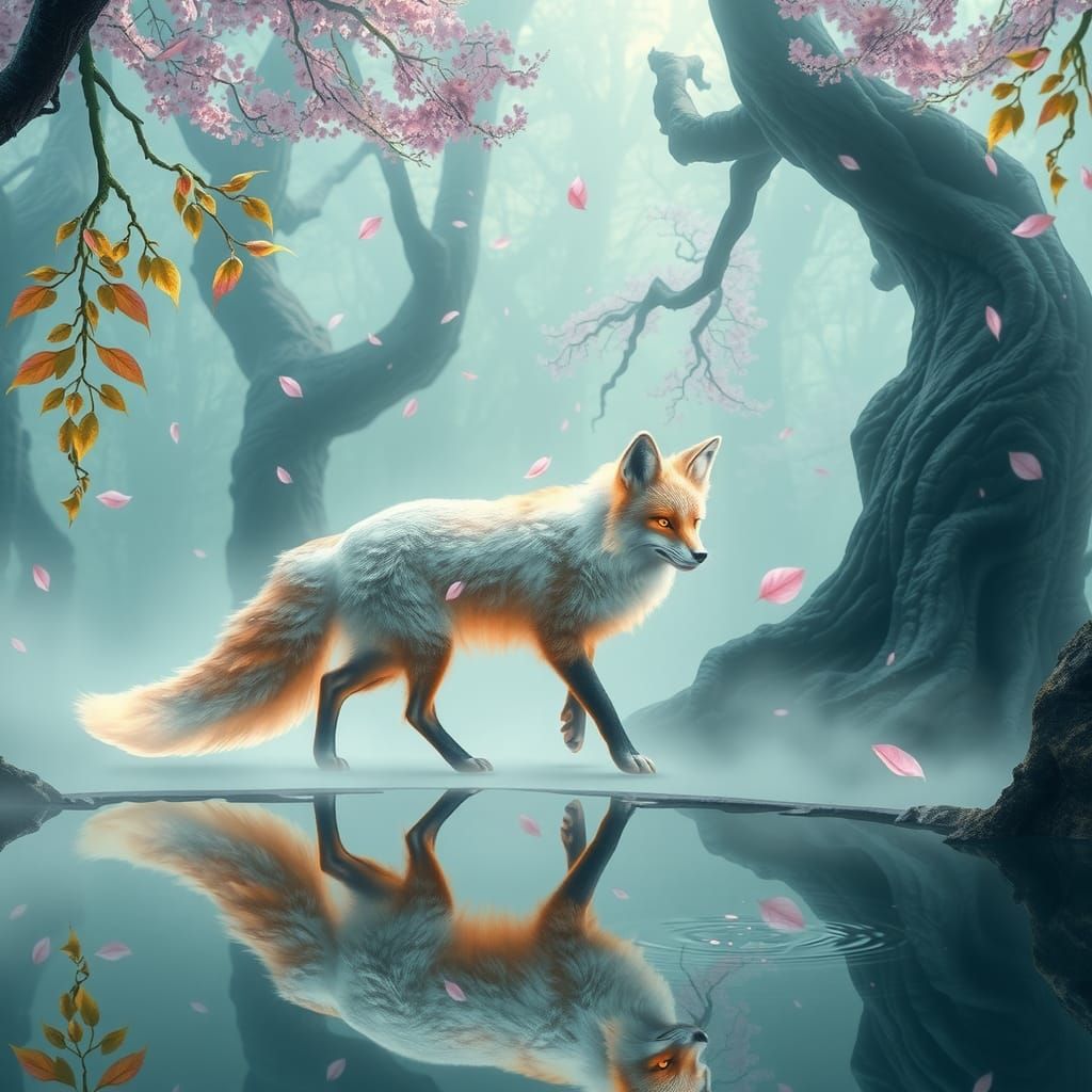A dreamlike forest where a majestic, luminescent fox with gl...