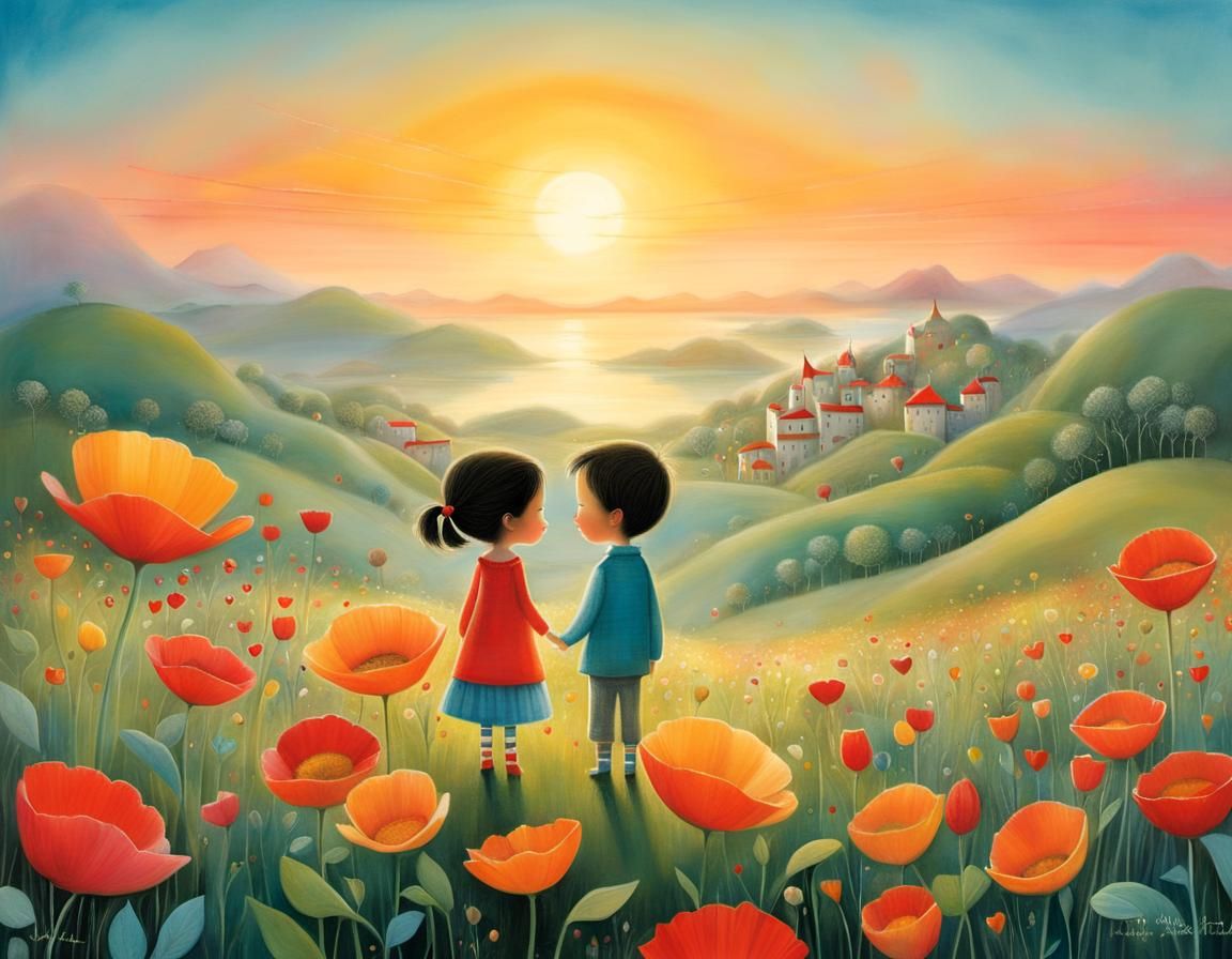 Whimsical Illustration of Love at Sunrise