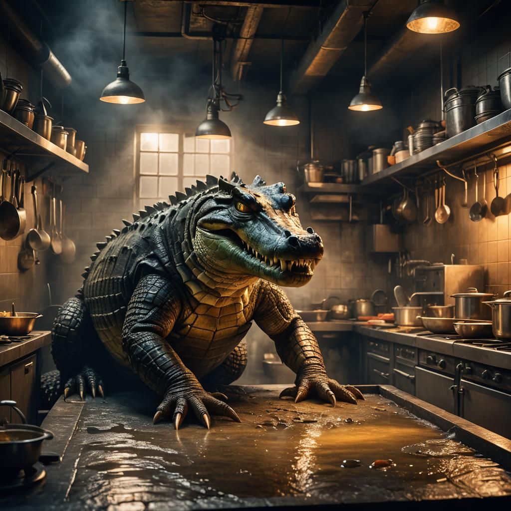 Hyperrealistic Crocodile Chef in Industrial Kitchen