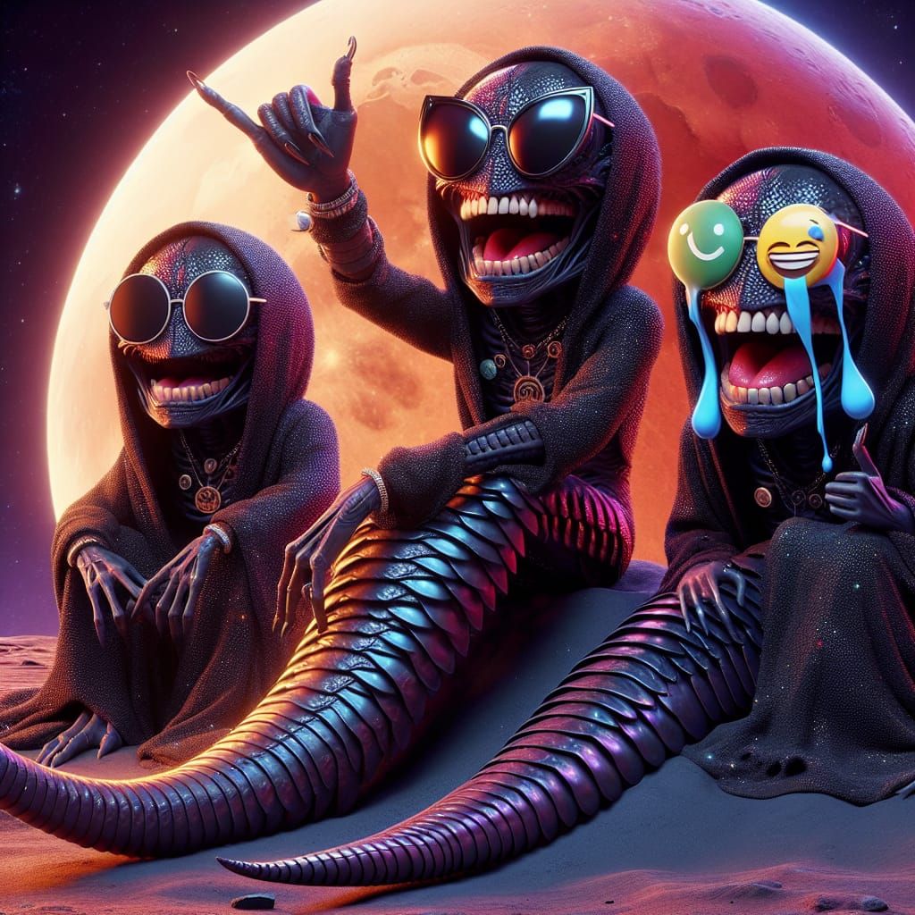 Whimsical Aliens Mimicking Emojis in a Macabre Setting