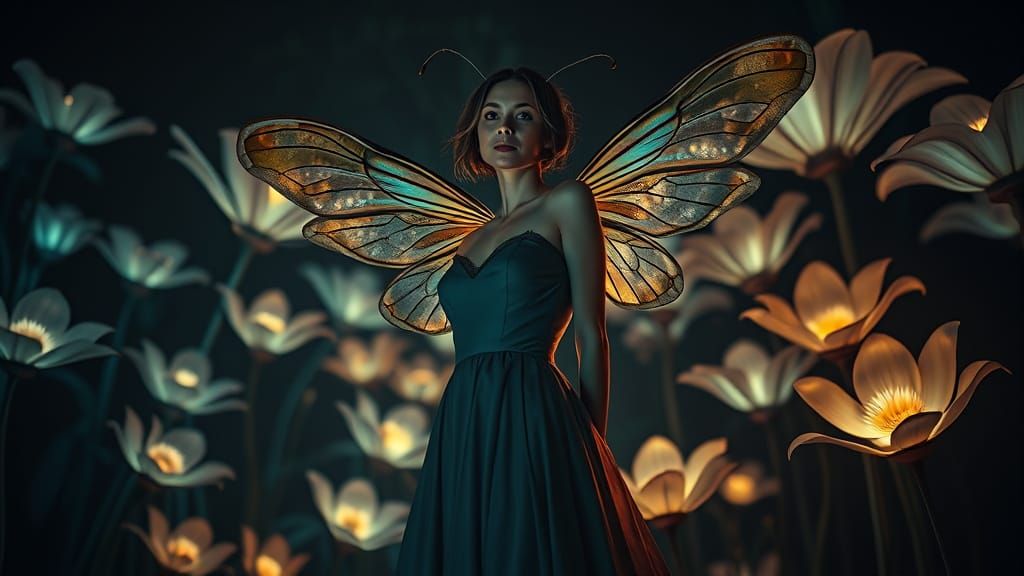 Mystical Bee Woman in Bioluminescent Garden