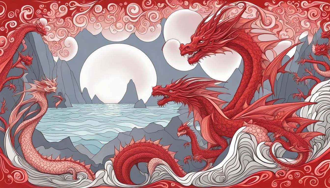 Red Dragon Woman and Baby Dragons in Cave