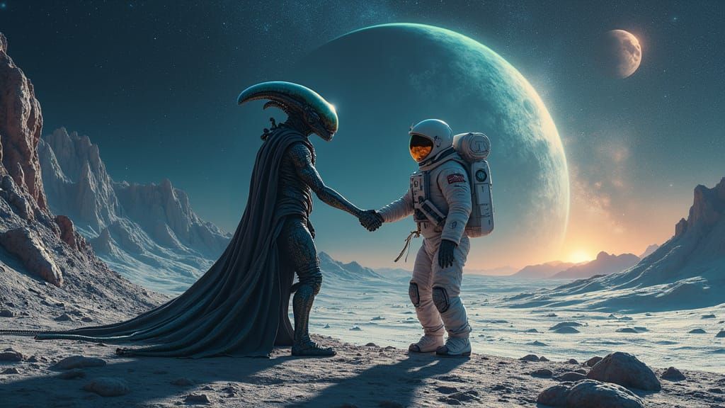 Moonlit Encounter: Alien and Astronaut Unite