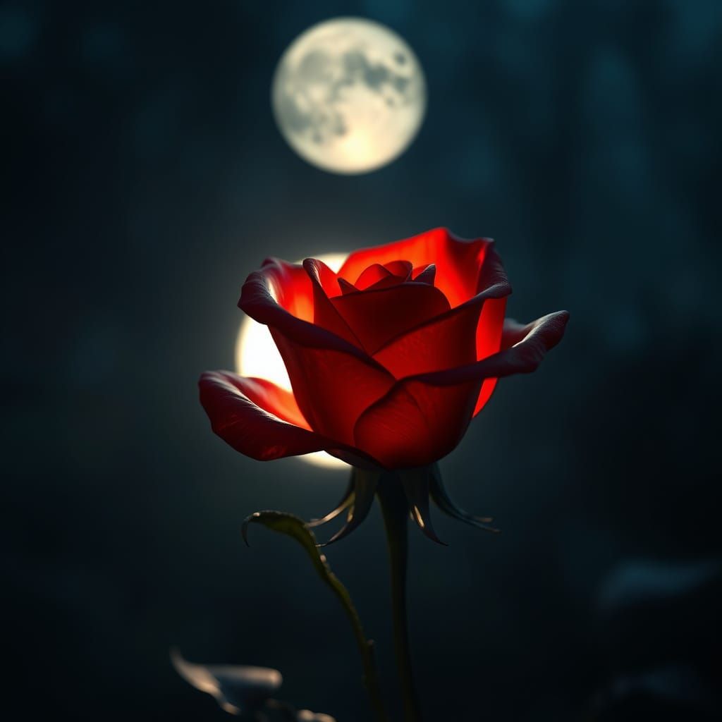 A Delicate Red Rose in Lunar Glow, in Unreal Engine Style