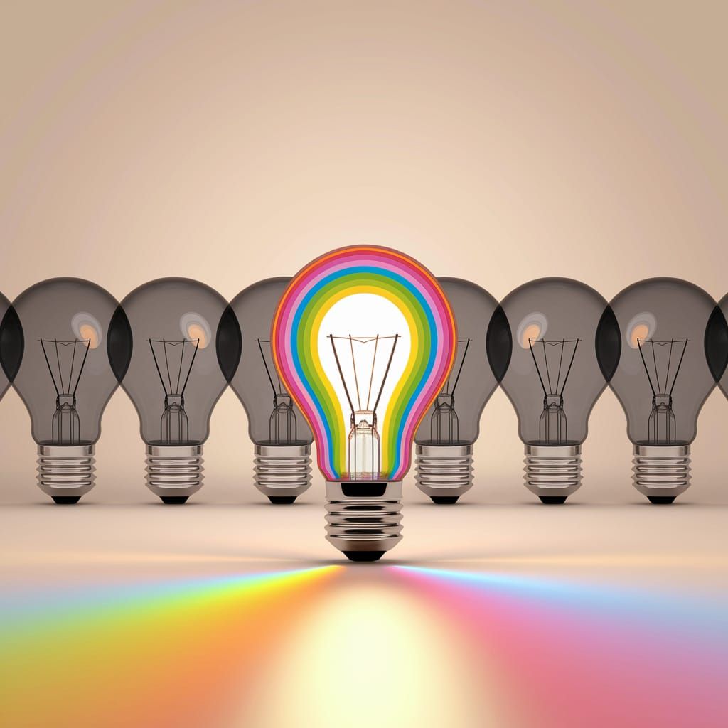 Vibrant Rainbow Light Bulb Shines Bright in a Row of Darknes...