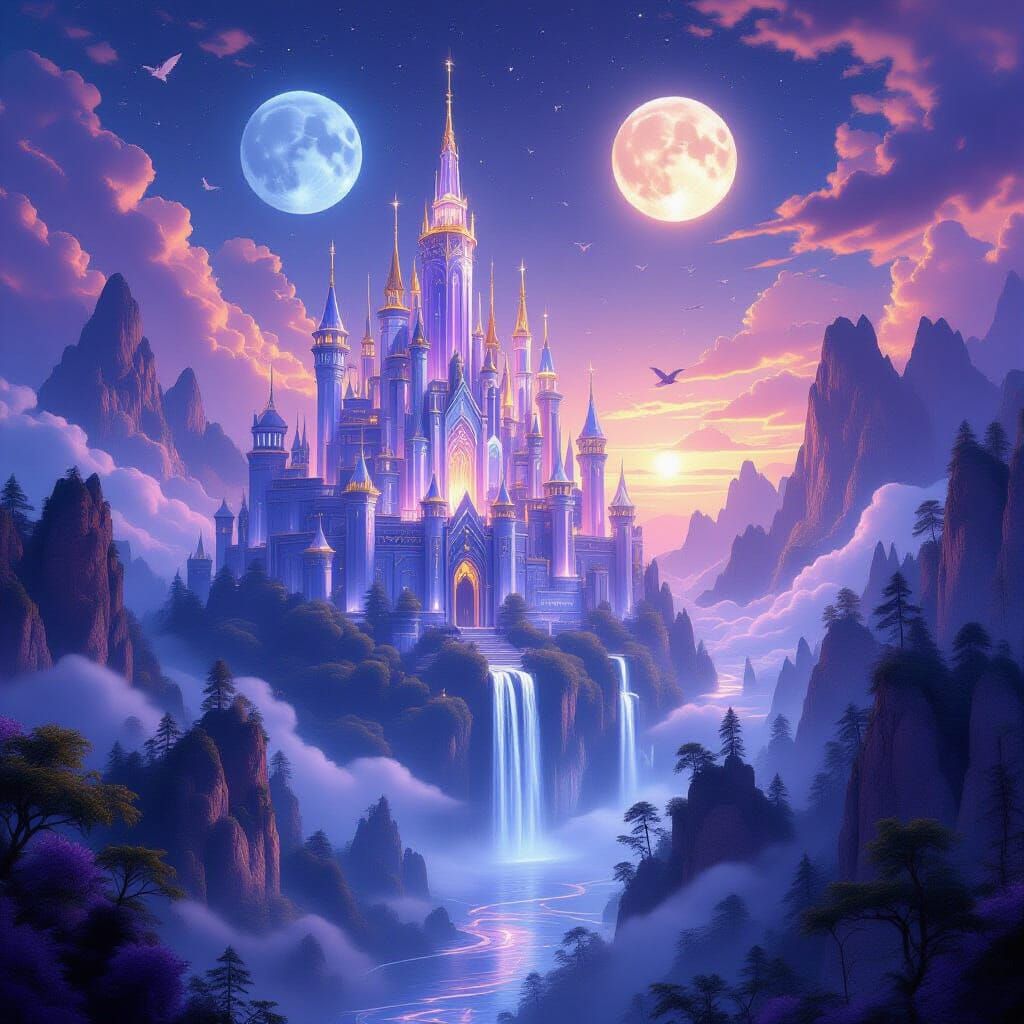 Magical Fantasy World with Crystal Castles and Twin Moons