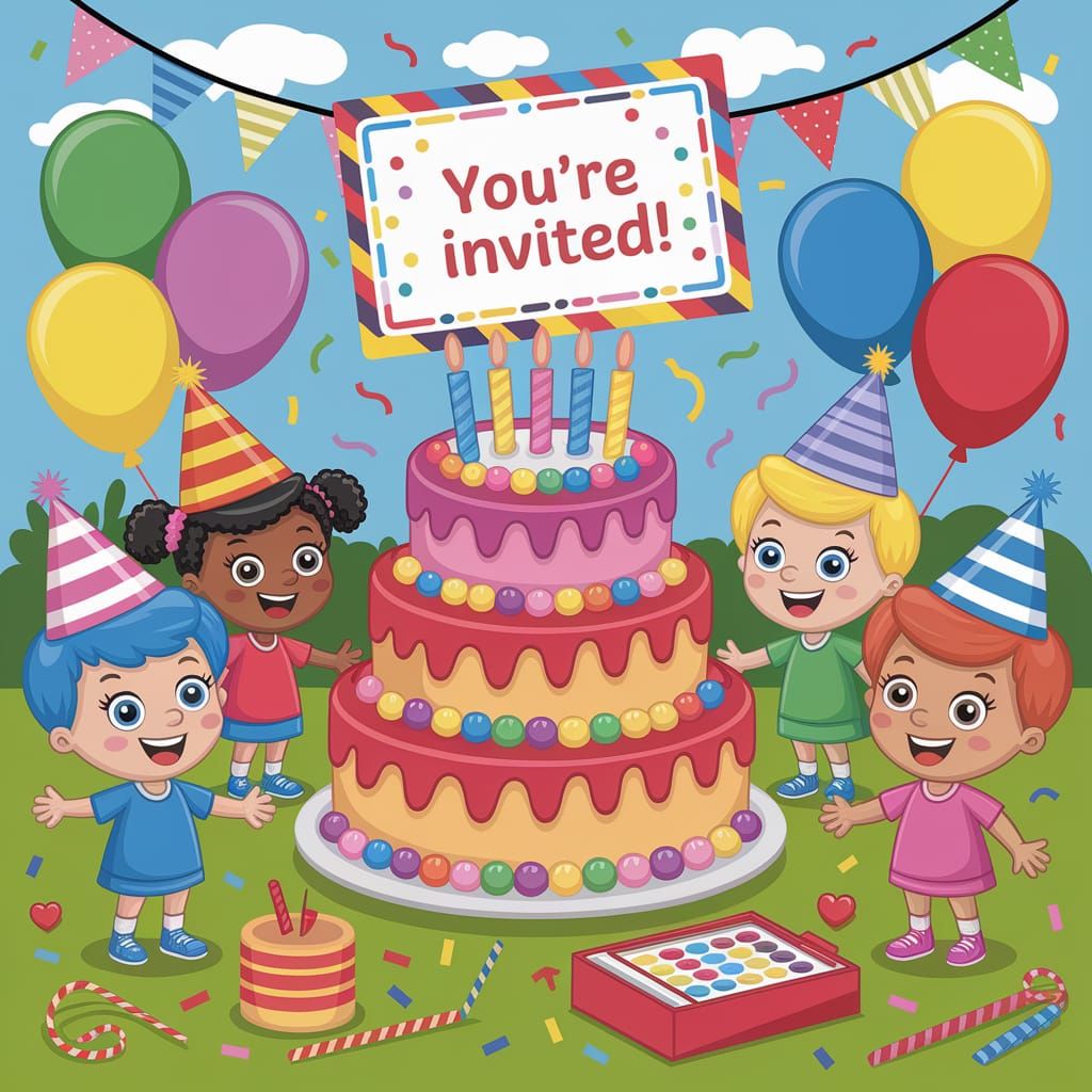 Festive Cartoon Birthday Party with Cake and Games