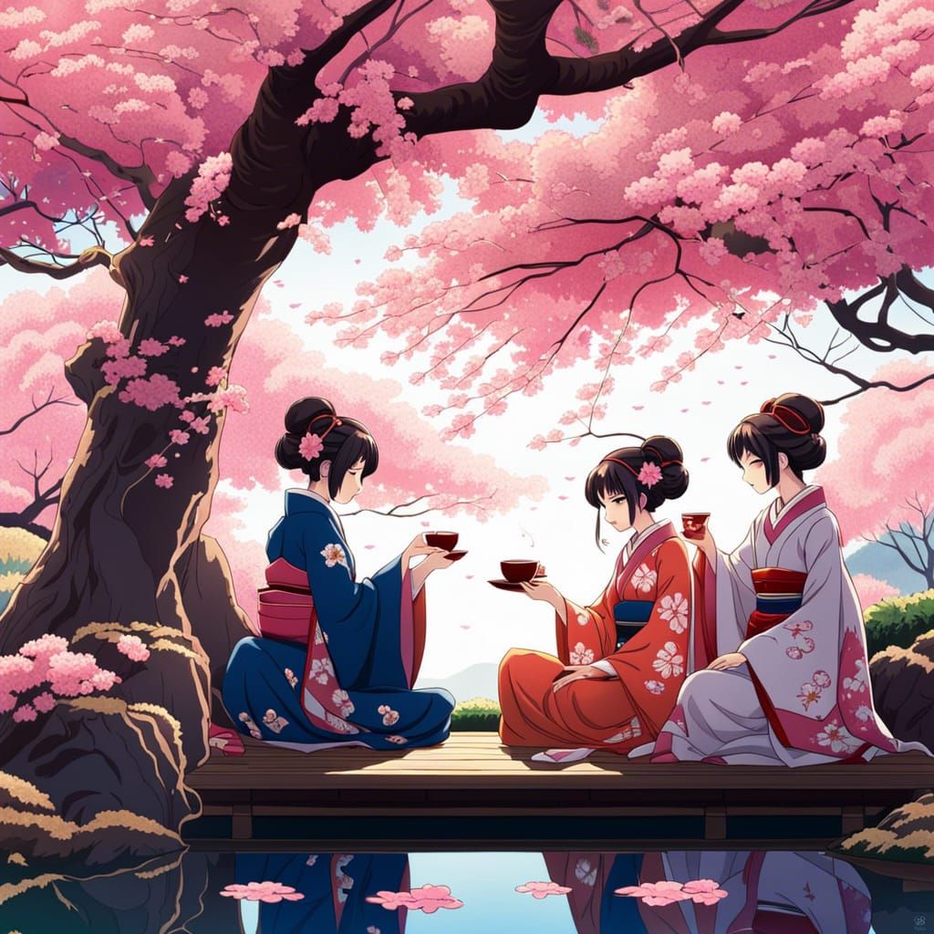 Japanese Women Enjoying Tea in Anime Style