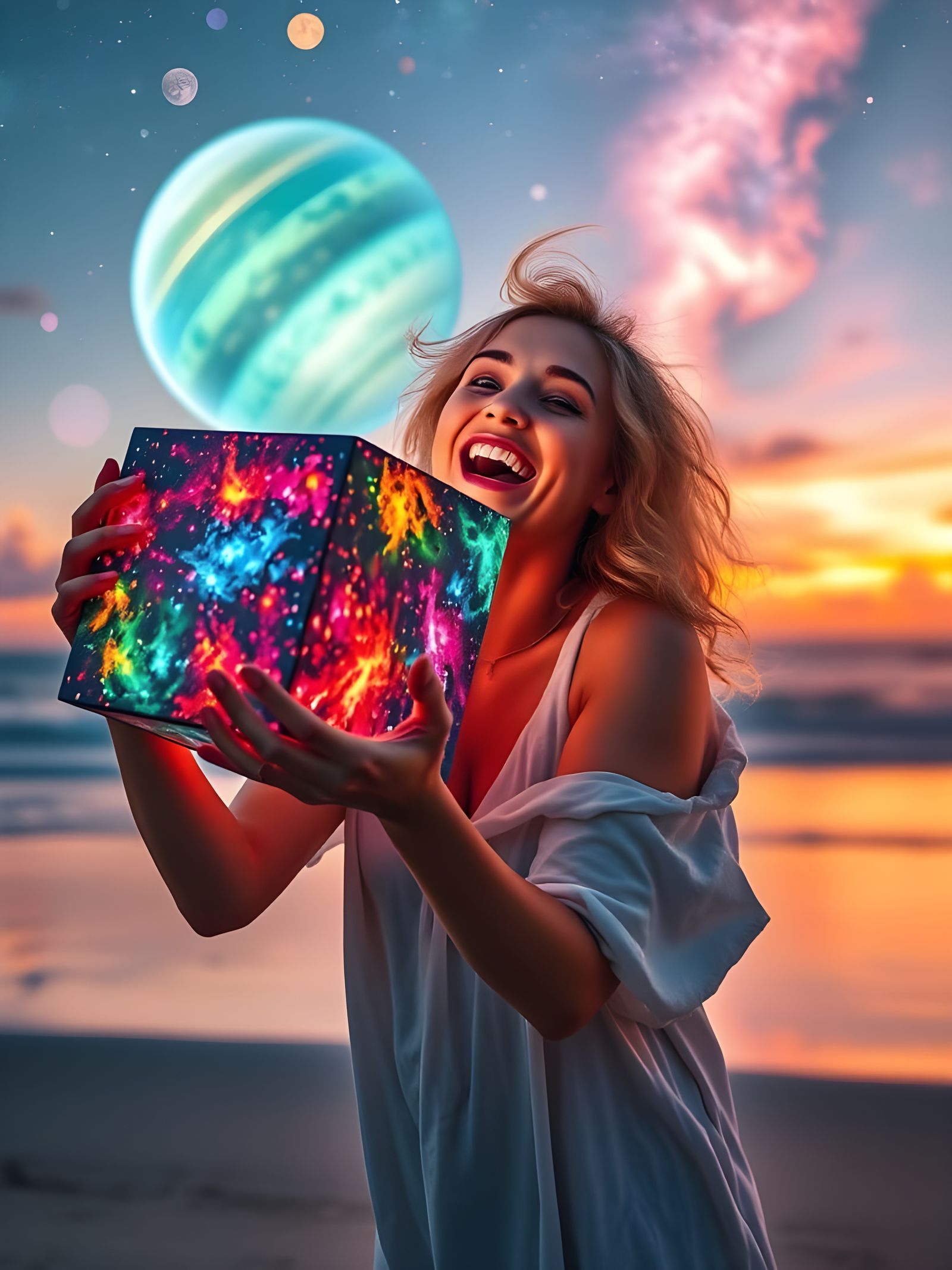 Vibrant Albino Goddess Cradles Cosmic Cube