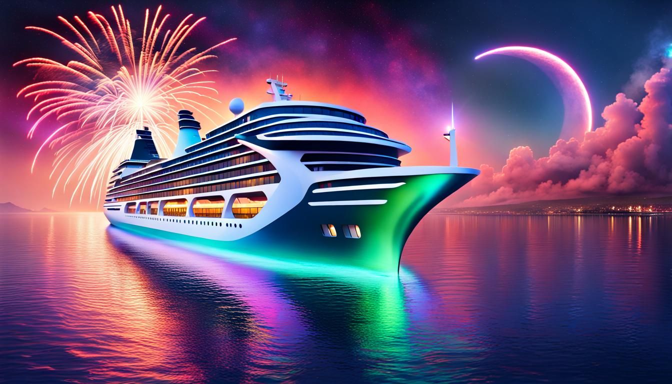 Futuristic Cruise Ship at Dusk with Fireworks