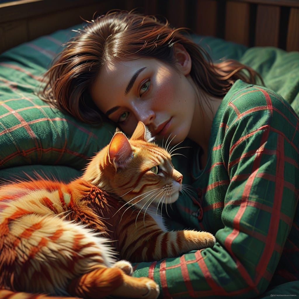 Girl Cuddles Red Cat in Plaid Pajamas, Realistic Oil Paintin...