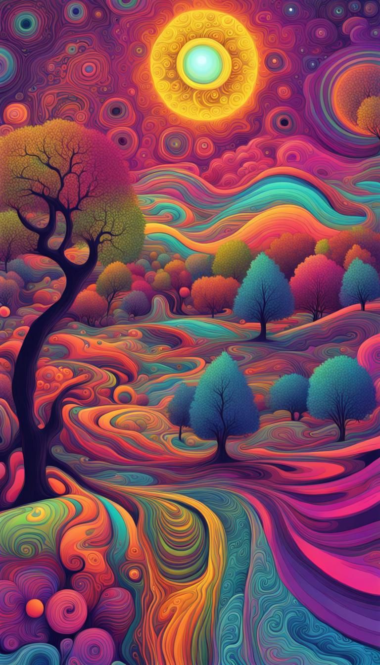 Psychedelic Landscape with Lunatic Sun and Neon Trees