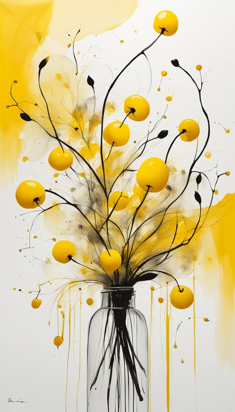 Abstract Floral Art in Muted Yellow and Cherry