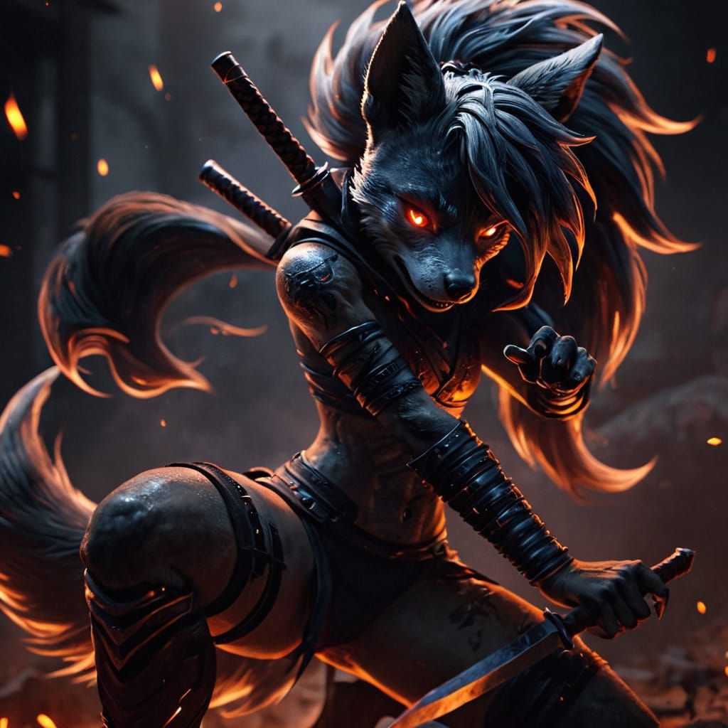 Cyberpunk Dark Fantasy Wolf Woman in Ninja Pose