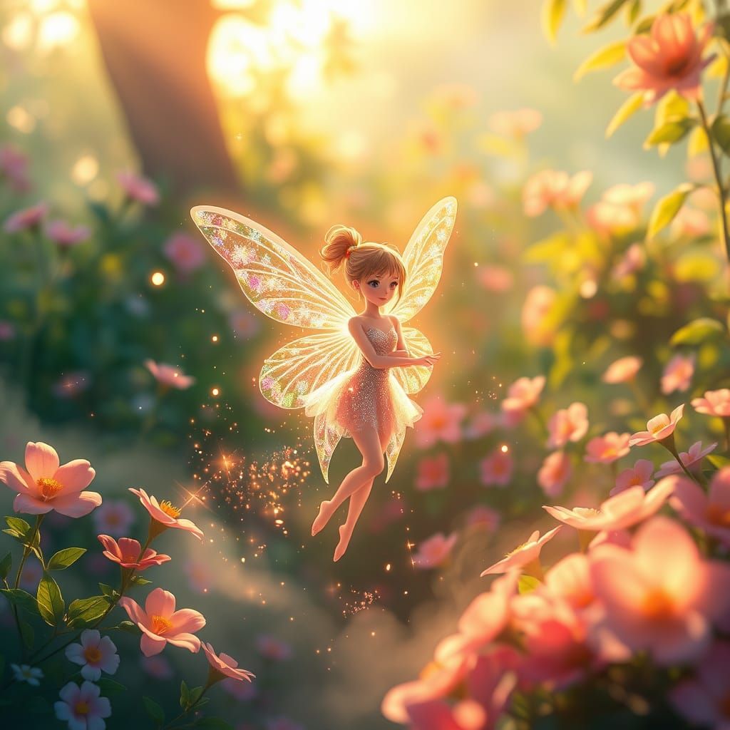 Iridescent Fairy in Whimsical Sunrise Garden